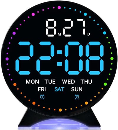 SnelShoppen - Vortex 5521WB RGB LED Digitale Wekker - Ronde Tafelwekker met Springseconden, 12/24 Uur, Twee Alarmtijden, Instelbare Helderheid en Kleu