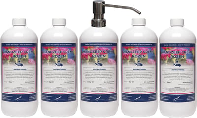 Handzeep Crème Rozen 1 liter - set van 5 stuks - met gratis RVS zilverkleurige pomp - Voordeelverpakking