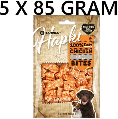 Flamingo Hapki - chicken and rice bites - 85 gr *** 5 X *** = 425 gr-geen toegevoegde suiker - als beloning of trainingssnack - hondensnack