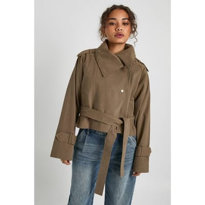 boohoo Dames Asymmetrische geriemde cropped trenchjasje | Khaki | Maat: 14