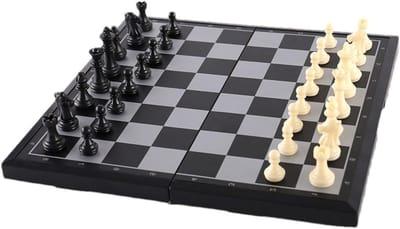 Schaakspel Opvouwbaar - Reisbord Magnetisch - Familie Spelletjes - Stukken Blijven Zitten - 31.5cm Bord - Wit Zwart
