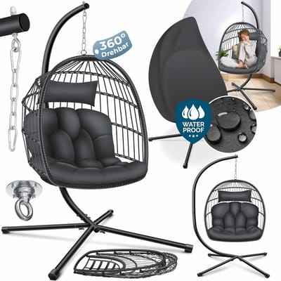 Egg Hangstoel - Hangstoel met Standaard - Chair voor Binnen en Buiten - Zwart