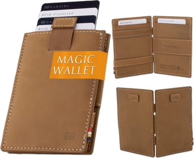 Garzini Portemonnee Heren, Leren Pasjeshouder RFID, Kaarthouder voor 12 Pasjes, Compacte Magic Wallet, Echt Leer Portefeuille, Bruin