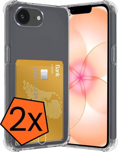 Hoes - 2 Stuks - Geschikt voor Apple iPhone 17e - Met Pashouder en Kaarthouder - Telefoon Hoesje Shockproof - Siliconen Case - Back Cover - Shock Proof - Pasjes Houder - Transparant