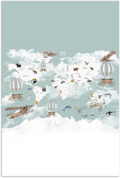 Wereldkaart - Kind - Vliegtuig - 120x180 cm - Poster