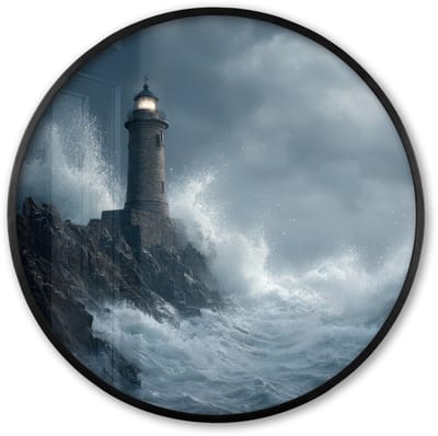 Poster in lijst Rond - Fotolijst 60x60 cm - Posters - Rotsen - Vuurtoren - Golven - Klliffen - Ronde posterlijst zwart - Decoratie - Wanddecoratie woonkamer - Muurdecoratie slaapkamer