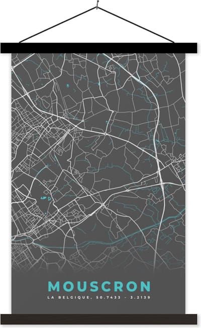 Posterhanger incl. Poster 40x60 cm - Schoolplaat - Kaart – Plattegrond – Stadskaart – Mouscron – België - Grijs - Textielposter - Zwarte latten - Stadskaart