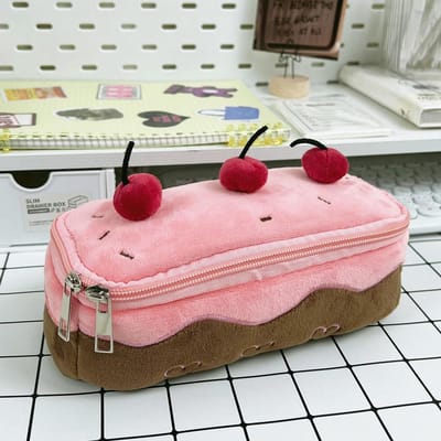 Trousse à crayons mignonne en peluche gâteau cerise grande capacité rangement papeterie étudiante pour filles enfants cadeau de rentrée scolaire white