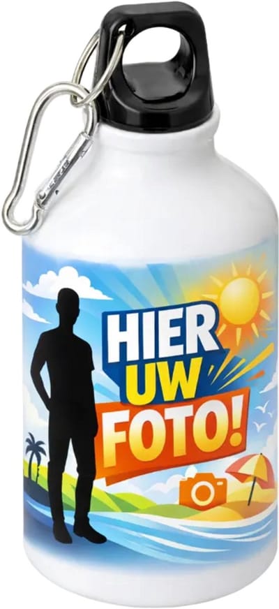 Gepersonaliseerde aluminium drinkfles 400 ml - fles met eigen foto - lichte waterfles met karabijnhaak Aluminium drinkfles met eigen foto of tekst – Gepersonaliseerde waterfles – Sport bidon