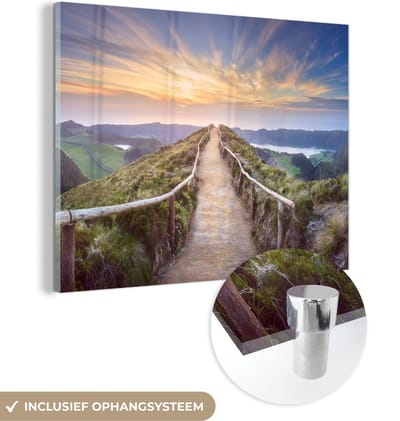 MuchoWow® Glasschilderij 120x90 cm - Schilderij acrylglas - Bergen - Natuur - Pad - Foto op glas - Schilderijen