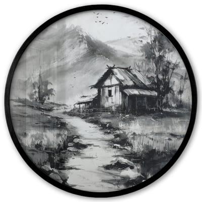 Poster in lijst Rond - Fotolijst 40x40 cm - Posters - Hut - Grijs - Bergen - Mistig - Ronde posterlijst zwart - Decoratie - Wanddecoratie woonkamer - Muurdecoratie slaapkamer