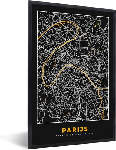 Fotolijst incl. Poster - Parijs - Stadskaart - Goud - Plattegrond - Kaart - 40x60 cm - Posterlijst