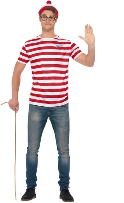 Smiffy's Waar is Wally kostuum - voor heren - rood/wit - t-shirt/bril/muts - verkleden - carnaval 52/54