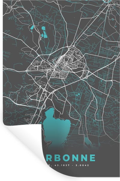 Muurstickers - Sticker Folie - Kaart – Stadskaart – Narbonne - Plattegrond – Frankrijk - 20x30 cm - Plakfolie - Muurstickers Kinderkamer - Zelfklevend Behang - Zelfklevend behangpapier - Stickerfolie