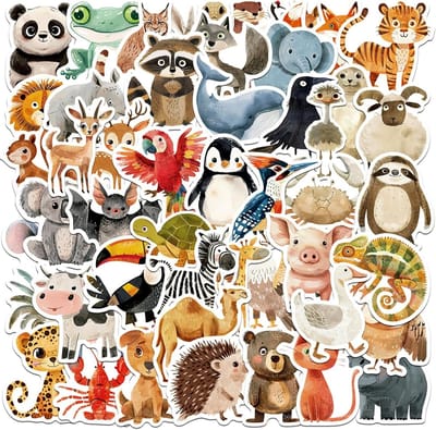 50 Unieke Illustratie Dier Stickers - Waterdichte Vinyl Stickers voor Kinderen - Tieners en Volwassenen - Schattige Feesttas Vullingen - Scrapbook Benodigdheden - Telefoon, Laptop, Waterfles