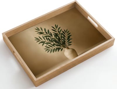 Dienblad hout 50x35 cm - Schootdienblad - Vaas - Olijftakken - Bladeren - Beige - Borrelplank rechthoek - Plateau dienbladen