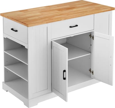 Keukeneilandwagen, 46 inch ontbijtbar met houten blad, opbergkast met verstelbare plank, lade, landhuisstijl voor eetkamer, keuken, woonkamer, wit