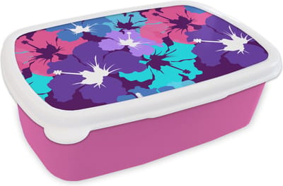 Broodtrommel Roze - Lunchbox - Brooddoos - Tropisch - Bloemen - Hawaii - Patroon - 18x12x6 cm - Kinderen - Meisje