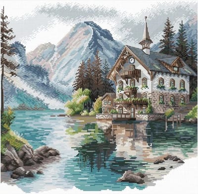 Borduurpakket AVA Stitch - Alpine Cottage aan het meer - P048
