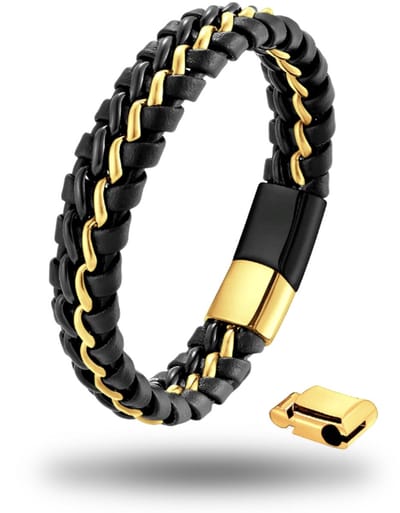 Armband heren zwart - goudkleurig Vito 19cm - Magnetische armband van Mauro Vinci 21cm - Verstelbaar in lengte - Armband leer met geschenkverpakking