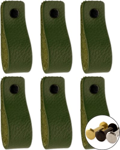 Leren handgrepen - Olijf groen - 6 stuks - 16,5 x 2,5 cm - incl. 3 kleuren schroeven - Groene handgrepen leer - Leren meubelgreep - Leren handvaten kast - Leren lus - Handgreep leer - Leren greepjes - Handvat leer - Leren deurgreep - Leren handgreep