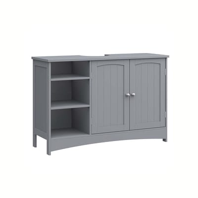 Badkamer wastafelkast zonder wastafel, onderkast met dubbele deur, 3 open opbergvakken en in hoogte verstelbare legplank, stevige en duurzame houten constructie, geschikt voor de badkamer, 90 x 30 x 60 cm,grijs