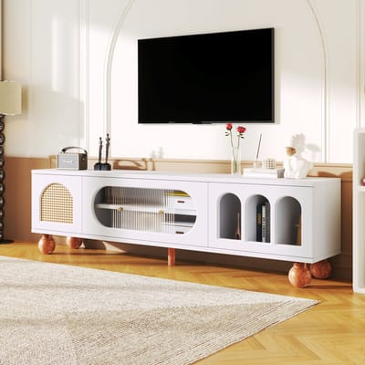 DESMIU Tv Meubel - Met Rotanlook Deur En Glazen Schuifdeur - Modern Opbergmeubel Voor Woonkamer - Spaanplaat - 170x47x37 Cm - Wit