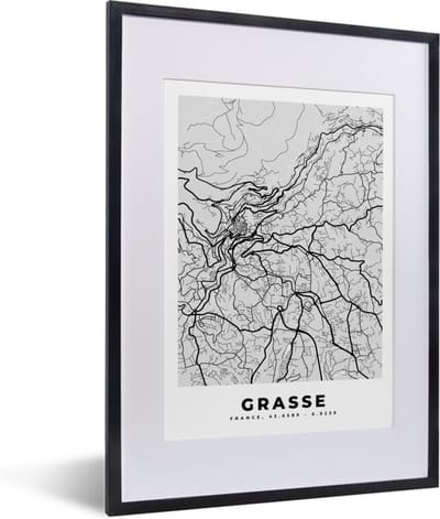 Fotolijst incl. Poster - Frankrijk - Plattegrond - Kaart - Grasse - Stadskaart - 30x40 cm - Posterlijst