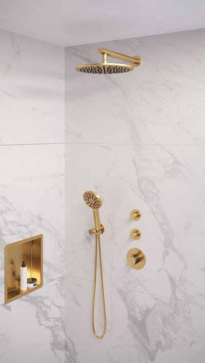 Brauer Gold Edition thermostatische inbouw regendouche SET 08 met 30 cm douchekop en rechte muurarm en 3-standen handdouche en doucheslang en wandaansluitbocht goud geborsteld PVD