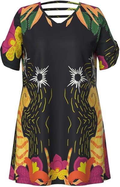 Ulla Popken - Dames - Jersey jurk katten A-lijn V-hals korte mouwen - Zwart - Maat 50+