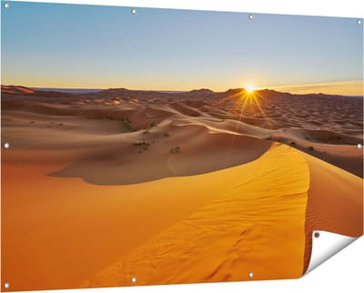 Gards Tuinposter Woestijn in de Sahara met een Opkomende Zon - 150x100 cm - Tuindoek - Tuindecoratie - Wanddecoratie buiten - Tuinschilderij