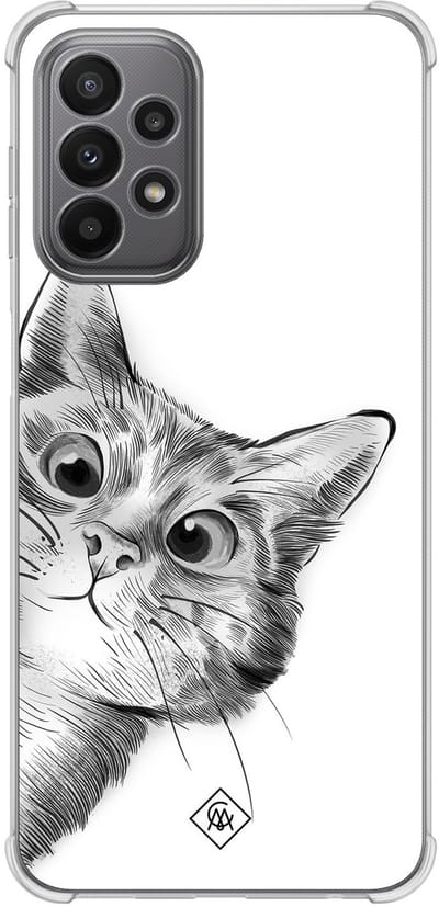 Casimoda® hoesje - Geschikt voor Samsung Galaxy A23 - Kat Kiekeboe - Shockproof case - Extra sterk - Siliconen/TPU - Grijs, Transparant