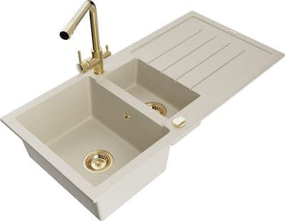 Mexen Andres granieten gootsteen met 1,5 kamers en afdruiprek en Duero keukenmengkraan, beige - 6515-69-671600-50