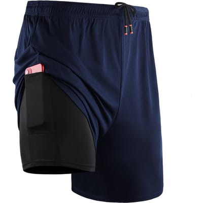 Heren 2 in 1 Training Shorts Sneldrogende Zakken Basketbal Hardloop Shorts Gym Fitness Broek X-Large donkerblauwe kleur