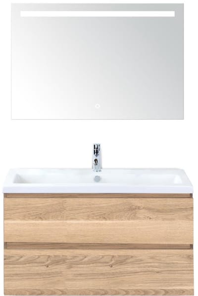 Vogue Badmeubelset 100 cm - Greeplijst in Kleur - Grey Oak - Keramische Wastafel Wit 1 Kraangat met Sence Spiegel