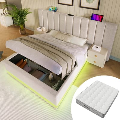 MIVRAY Gestoffeerd Bed 180x200cm - Met LED Verlichting En USB Oplaadpunten - Met Hydraulische Opbergruimte - Linnen - Beige - Met matras