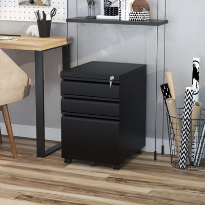 MODFU - Verrijdbaar Ladeblok - 3 Lades En Afsluitbaar - Voor Kantoor En Thuiswerkplek - Staal - Zwart - 39 x 48 x 60 cm