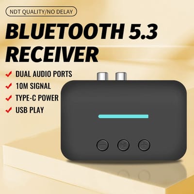 Ferfito Bluetooth 5.3 Audio Receiver - Draadloos Muziek Receiver - 2 RCA + 3.5mm AUX output -Draadloos Ontvanger-zwart