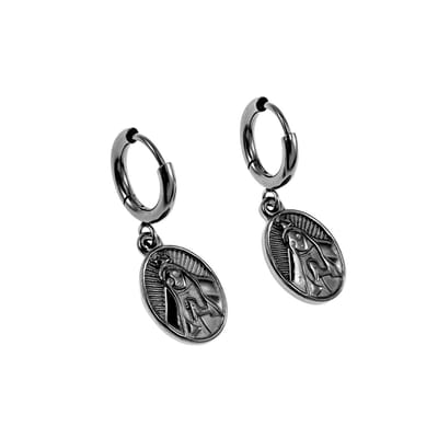 ∅12mm x 2mm Oorringen Dames - Gepolijst RVS - 30mm Lange Oorbellen met Heilige Maagd Maria Hanger