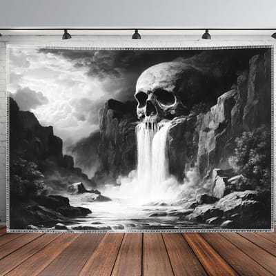 Reusachtige Schedel Waterval Wandkleed Zwart-Wit Surrealistisch Landschap Wandkleed Gotische Woondecoratie Voor Woonkamer Slaapkamer 70x100cm28x39in gray