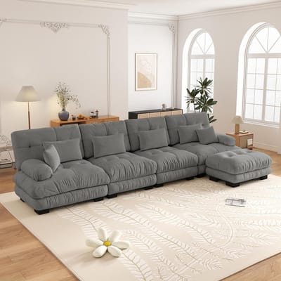 4-Zits Bank, L-Bank, Modulaire Hoekbank, L-vormige Bankstel voor de Woonkamer, Comfortabele 4-zitsbank met Verplaatsbare Poef, Doe-het-zelf Combinatie, Chenille-Grijs