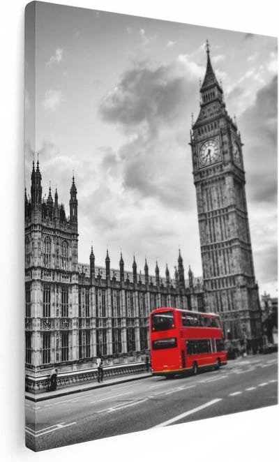 Artaza Canvas Schilderij Big Ben - 30x40 cm - Klein - Wanddecoratie Londen Skyline - Muurdecoratie Dubbeldekker Bus - Kamer Accessoires