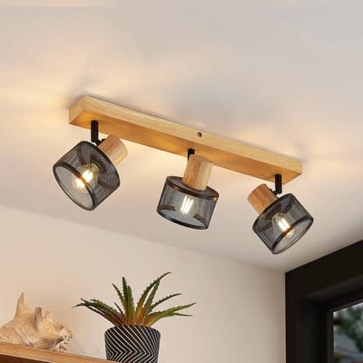 Lindby - buitenspot - 3lichts - staal, hout - H: 14 cm - E14 - zwart, licht hout