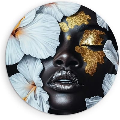 Saammp Muurcirkel Hout - Abstract - Afrikaanse Vrouw - Witte Bloemen - Ø 90 - Wandcirkel - Wanddecoratie Cirkel - Muurdecoratie Woonkamer - Slaapkamer decoratie - Rond Schilderij