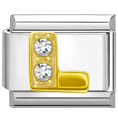 Quiges - Schakel - Bedel - 9mm - charms - Goud - Zirkonia - alfabet - letter L - Geschikt voor - armband - Schakelarmband - italy bedels armband