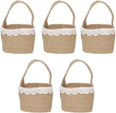 Jute Bloemenmand - Bruidsmandje Rustiek - Bruiloft Decoratie - Vintage Ontwerp - Set van 5 - Natuurlijk