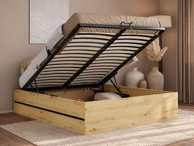 Vente-unique Bed met opbergruimte hout zwart, natuurlijk licht 160 x 200 cm