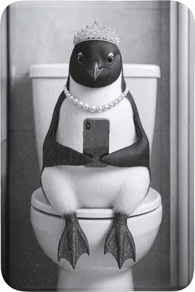 WC mat 60x90 cm - Antislip - Pinguïn - Telefoon - Toilet - Zwart - Wit - Toiletmat - Vloermat - Douchemat - Toilet tapijt - Toiletmatten