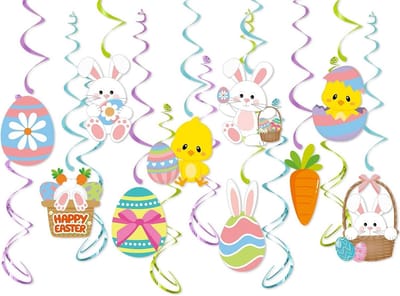 Pack of 16 Pasen Spiral Decoratie - Bunny Paaseieren - Spiralen - Lucht Slangen - Paasdecoratie voor Ophangen aan Plafond - Kantoor - Thuis - Muur