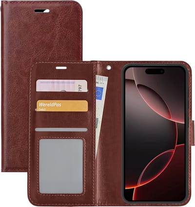 Hoesje - Met Pasjeshouder - Geschikt voor Apple iPhone 16 Pro - Luxe Bookcase Portemonee - Flip Case - Kunstleer Book Case - Flipcase - Book Cover - Walletcase - Portemonneehoes - Bruin